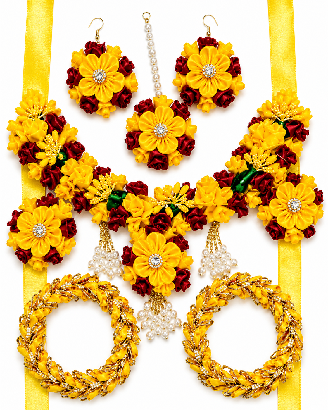 Handcrafted 7-Piece Designer Flower Jewelry Set with Golden Work & Pearl Drops