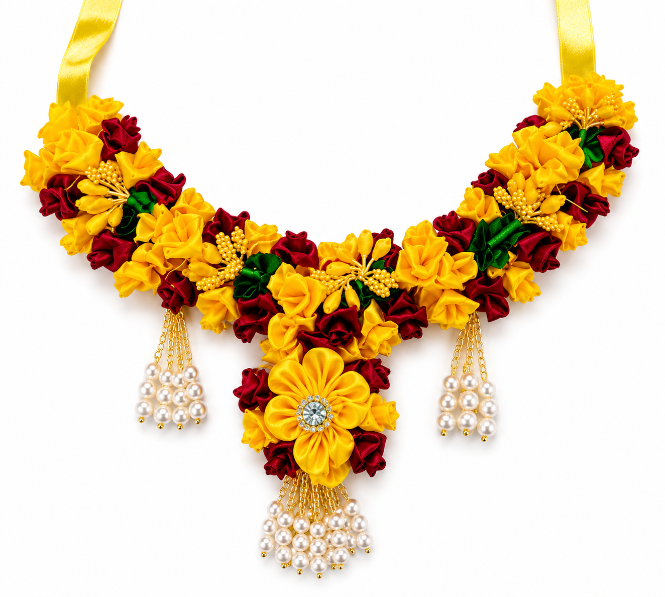 Handcrafted 7-Piece Designer Flower Jewelry Set with Golden Work & Pearl Drops