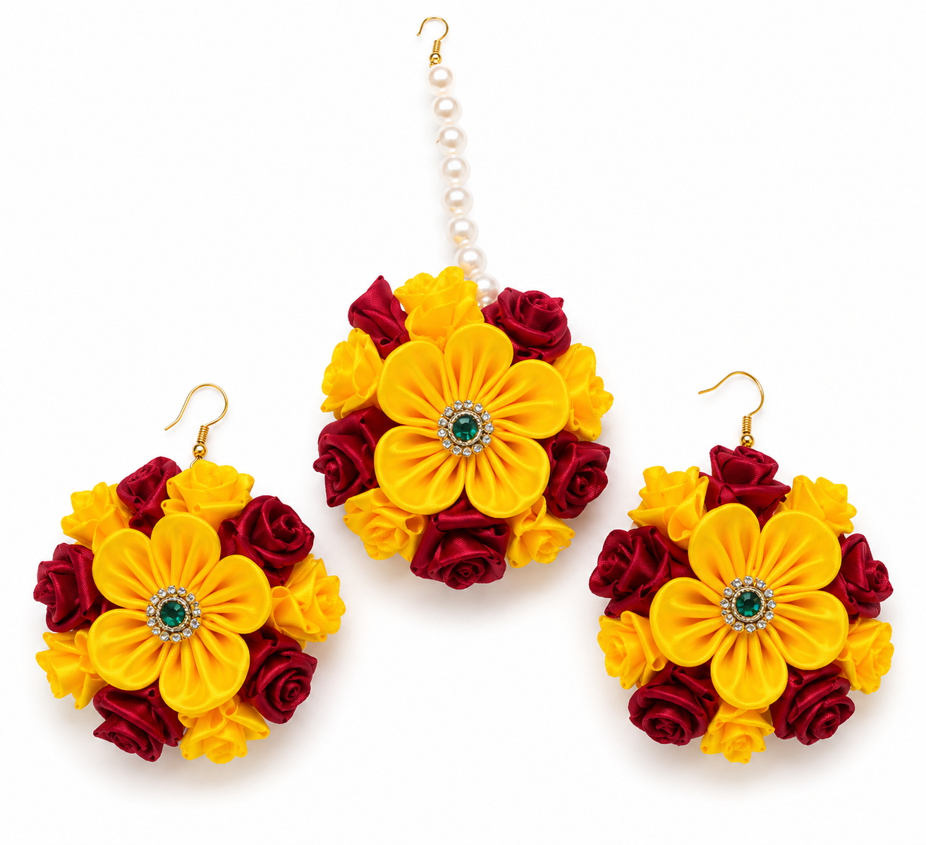 Handcrafted 7-Piece Designer Flower Jewelry Set with Golden Work & Pearl Drops