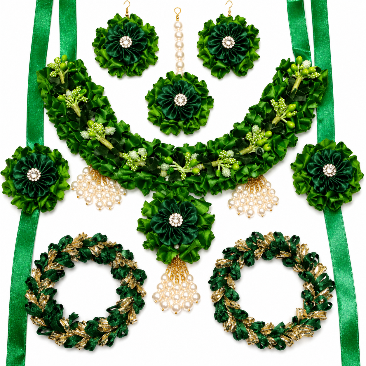 Handmade Green Satin Ribbon Floral Jewelry Set | Bridal Haldi Mehndi Necklace Set with Earrings, Maang Tikka & Bangles | Traditional Wedding Accessories