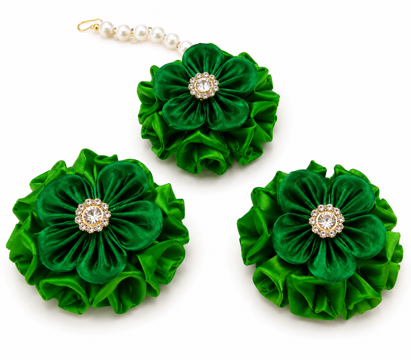 Handmade Green Satin Ribbon Floral Jewelry Set | Bridal Haldi Mehndi Necklace Set with Earrings, Maang Tikka & Bangles | Traditional Wedding Accessories