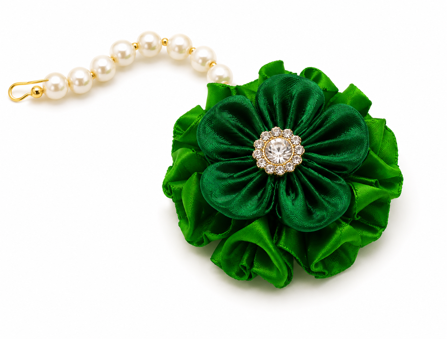 Handmade Green Satin Ribbon Floral Jewelry Set | Bridal Haldi Mehndi Necklace Set with Earrings, Maang Tikka & Bangles | Traditional Wedding Accessories