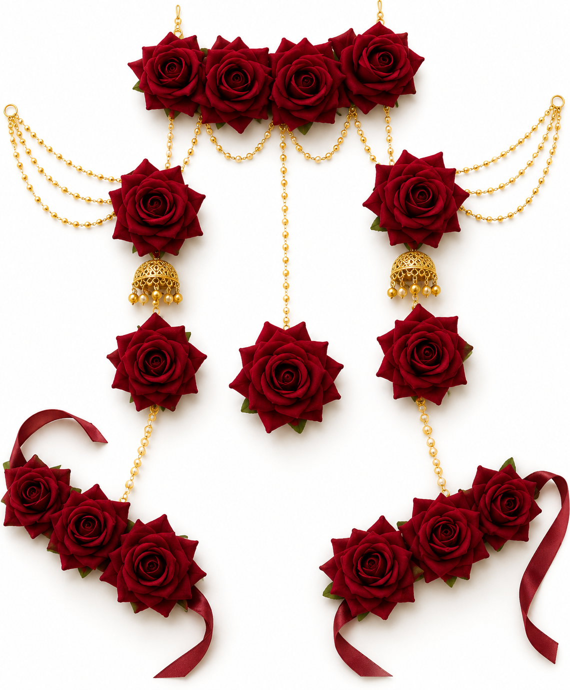 Handmade Red Rose Floral Jewelry Set | Bridal Haldi Mehndi Flower Jewellery | Rose Necklace, Earrings, Maang Tikka & Haathphool Set | Wedding Accessories