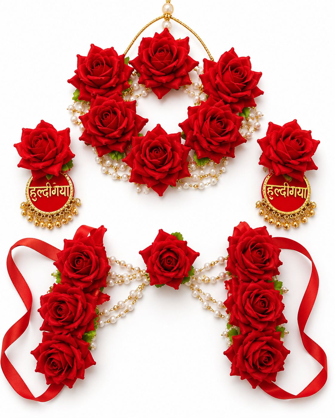 Handmade Red Rose Floral Haldi Mehndi Jewelry Set | Bridal Flower Jewellery with Personalized Earrings | Rose Necklace, Maang Tikka, Haathphool & Wedding Accessories