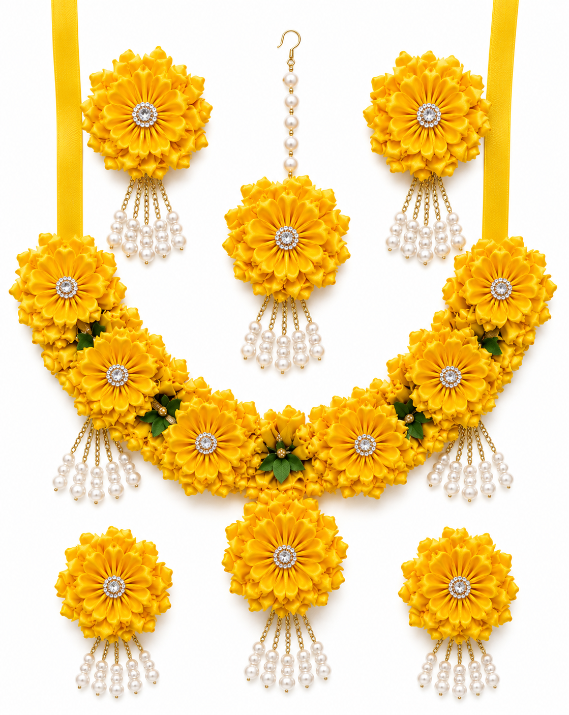 Handmade Yellow Floral Jewelry Set | Bridal Haldi Flower Jewellery | Satin Ribbon Necklace, Earrings, Maang Tikka, Rings & Wedding Accessories Set