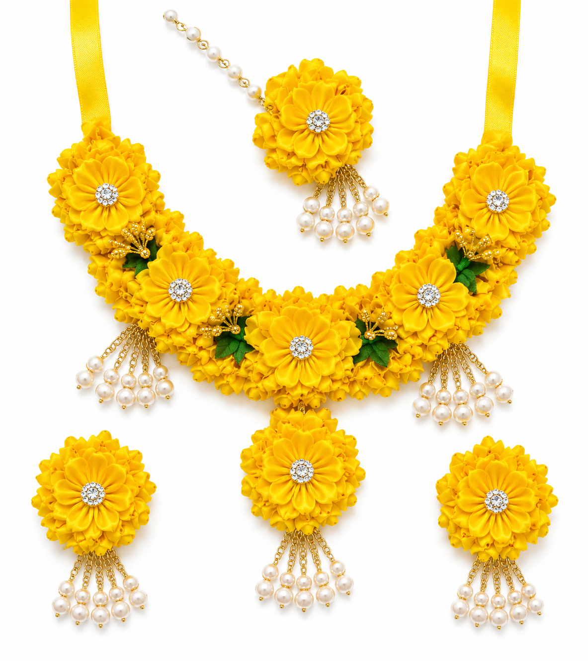 Handmade Yellow Floral Jewelry Set | Bridal Haldi Flower Jewellery | Satin Ribbon Necklace, Earrings, Maang Tikka, Rings & Wedding Accessories Set