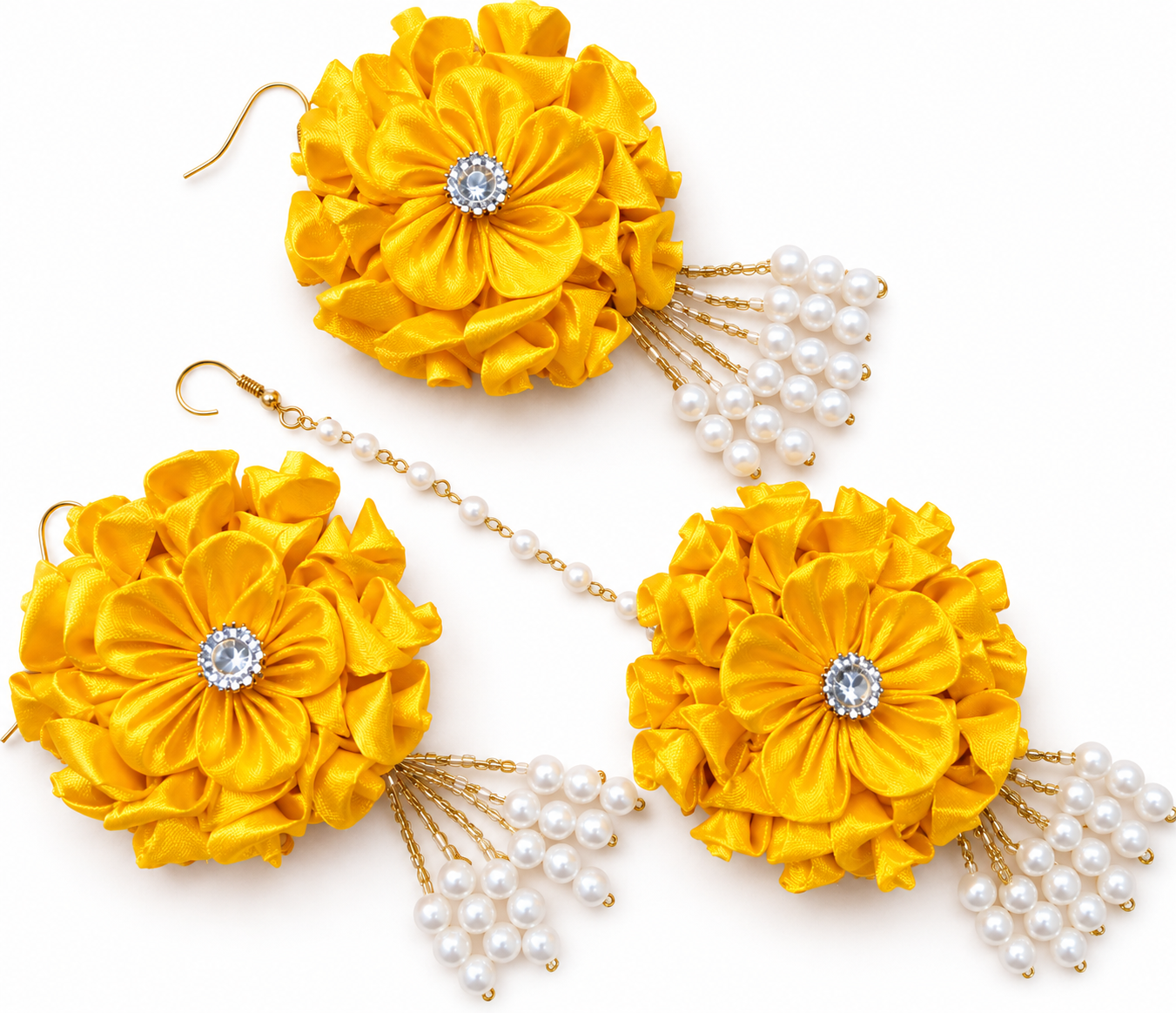 Handmade Yellow Floral Jewelry Set | Bridal Haldi Flower Jewellery | Satin Ribbon Necklace, Earrings, Maang Tikka, Rings & Wedding Accessories Set