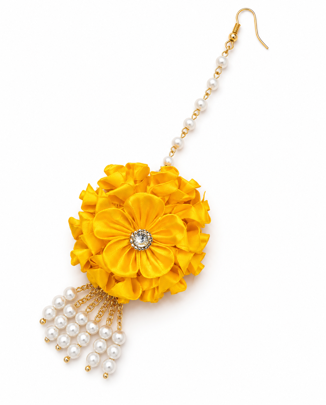 Handmade Yellow Floral Jewelry Set | Bridal Haldi Flower Jewellery | Satin Ribbon Necklace, Earrings, Maang Tikka, Rings & Wedding Accessories Set