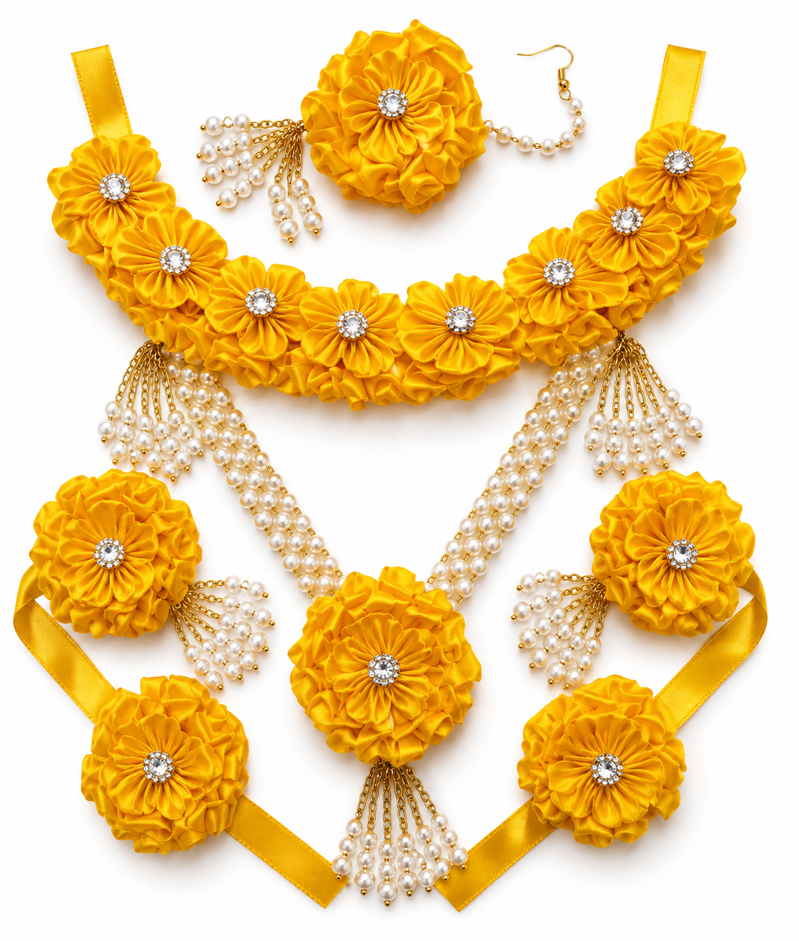 Handmade Yellow Satin Floral Jewelry Set | Bridal Haldi Flower Jewellery | Necklace, Earrings, Maang Tikka, Haathphool & Kaleera Set | Wedding Accessories