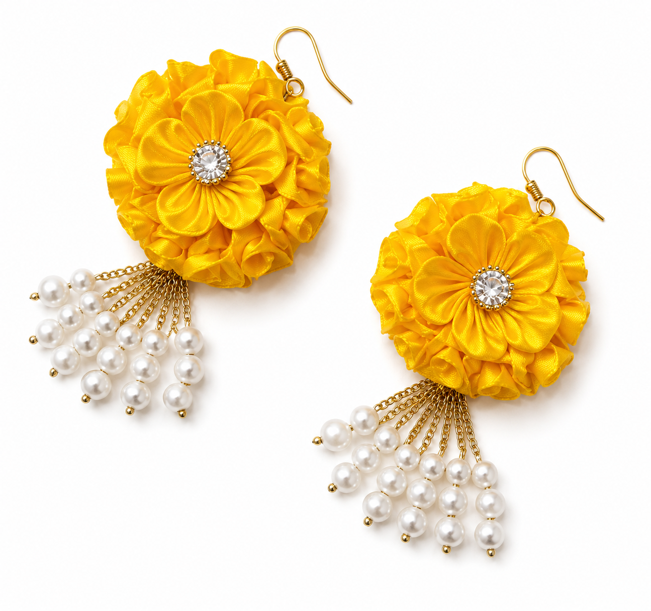 Handmade Yellow Satin Floral Jewelry Set | Bridal Haldi Flower Jewellery | Necklace, Earrings, Maang Tikka, Haathphool & Kaleera Set | Wedding Accessories