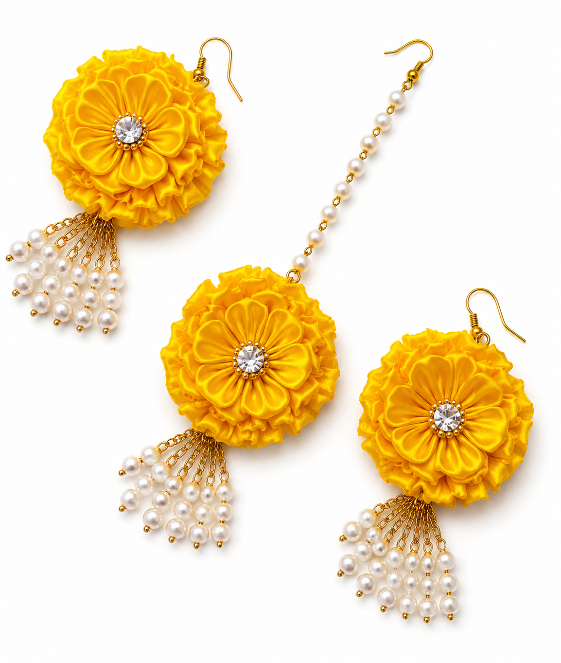Handmade Yellow Satin Floral Jewelry Set | Bridal Haldi Flower Jewellery | Necklace, Earrings, Maang Tikka, Haathphool & Kaleera Set | Wedding Accessories