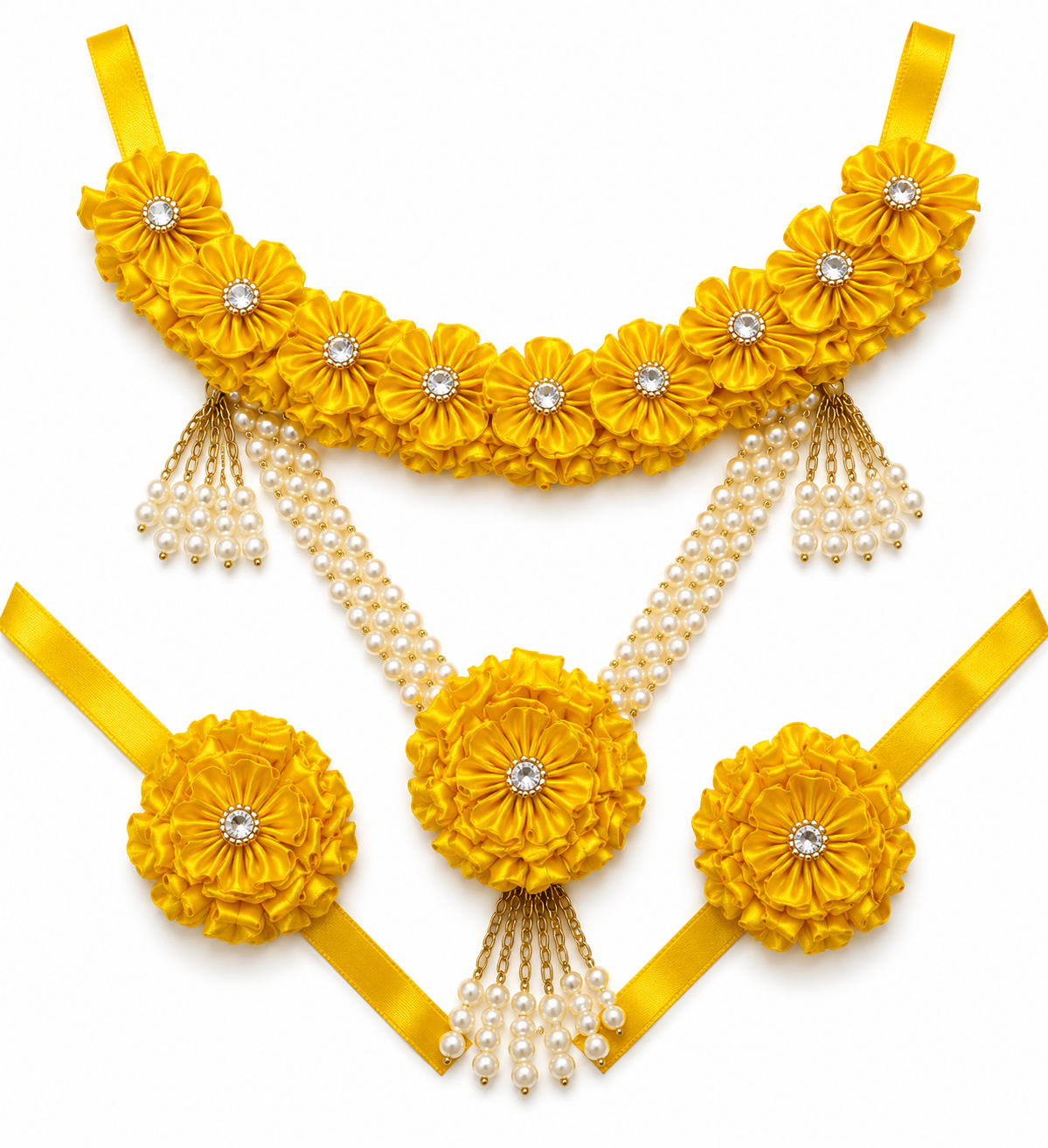 Handmade Yellow Satin Floral Jewelry Set | Bridal Haldi Flower Jewellery | Necklace, Earrings, Maang Tikka, Haathphool & Kaleera Set | Wedding Accessories