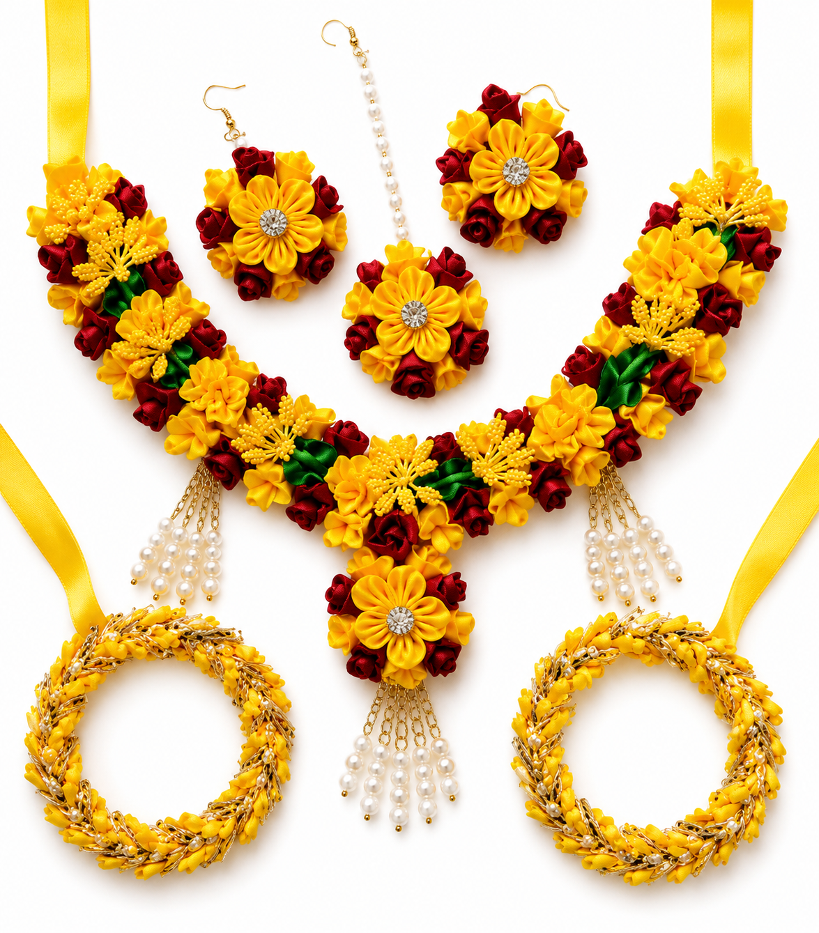 Handmade Yellow & Red Floral Jewelry Set | Bridal Haldi Mehndi Flower Jewellery | Satin Ribbon Necklace, Earrings, Maang Tikka, Bangles & Wedding Accessories Set