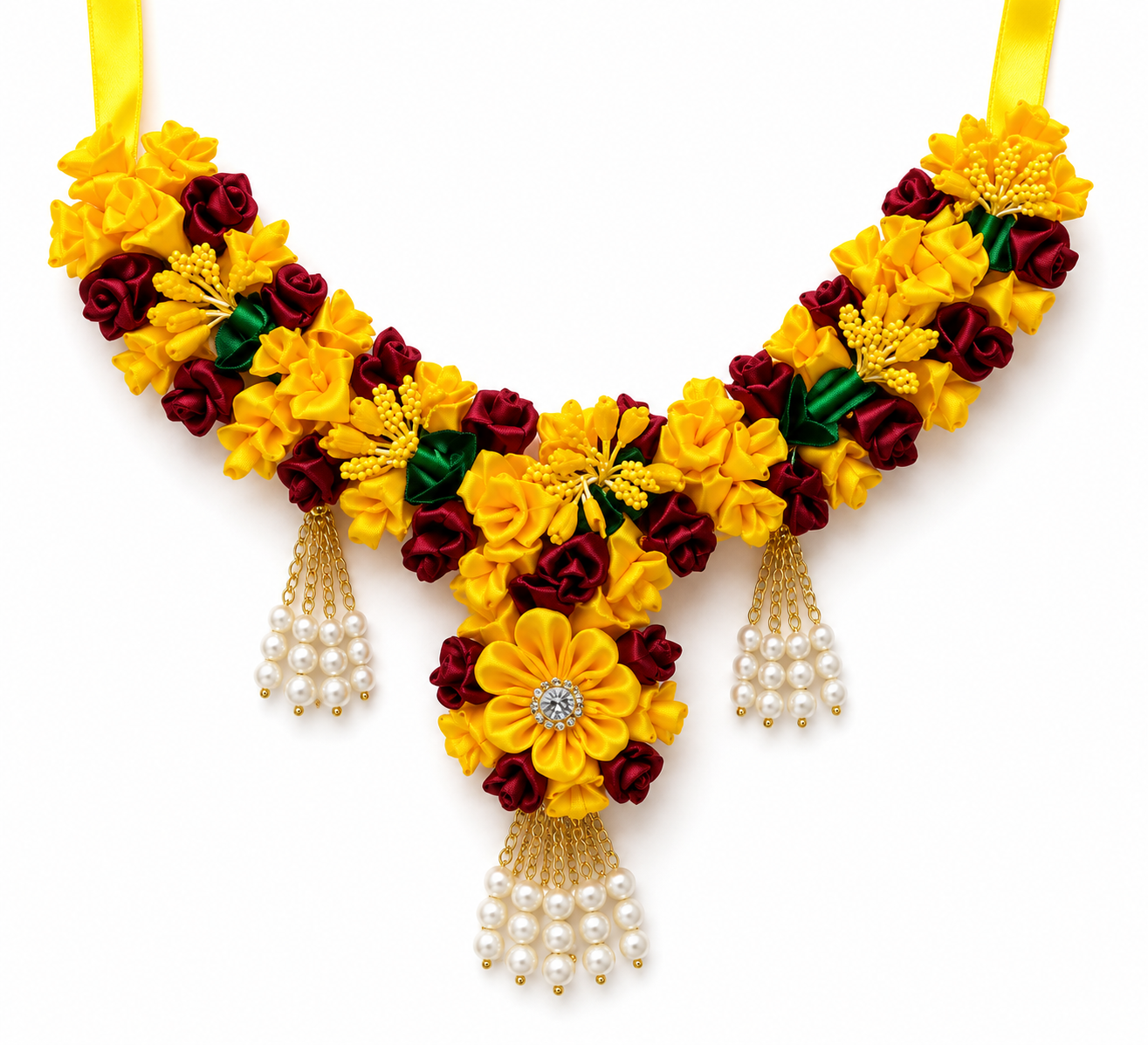 Handmade Yellow & Red Floral Jewelry Set | Bridal Haldi Mehndi Flower Jewellery | Satin Ribbon Necklace, Earrings, Maang Tikka, Bangles & Wedding Accessories Set