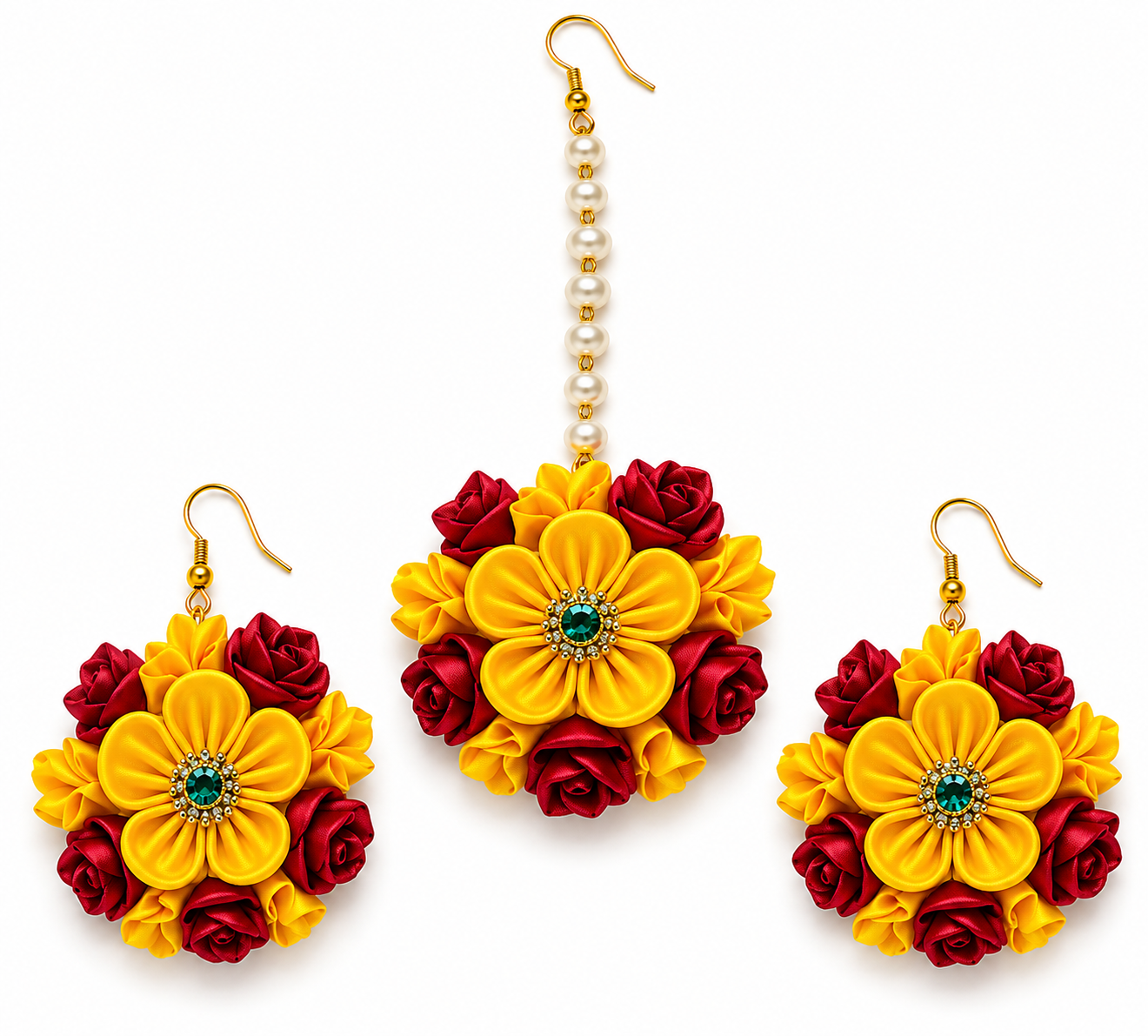 Handmade Yellow & Red Floral Jewelry Set | Bridal Haldi Mehndi Flower Jewellery | Satin Ribbon Necklace, Earrings, Maang Tikka, Bangles & Wedding Accessories Set