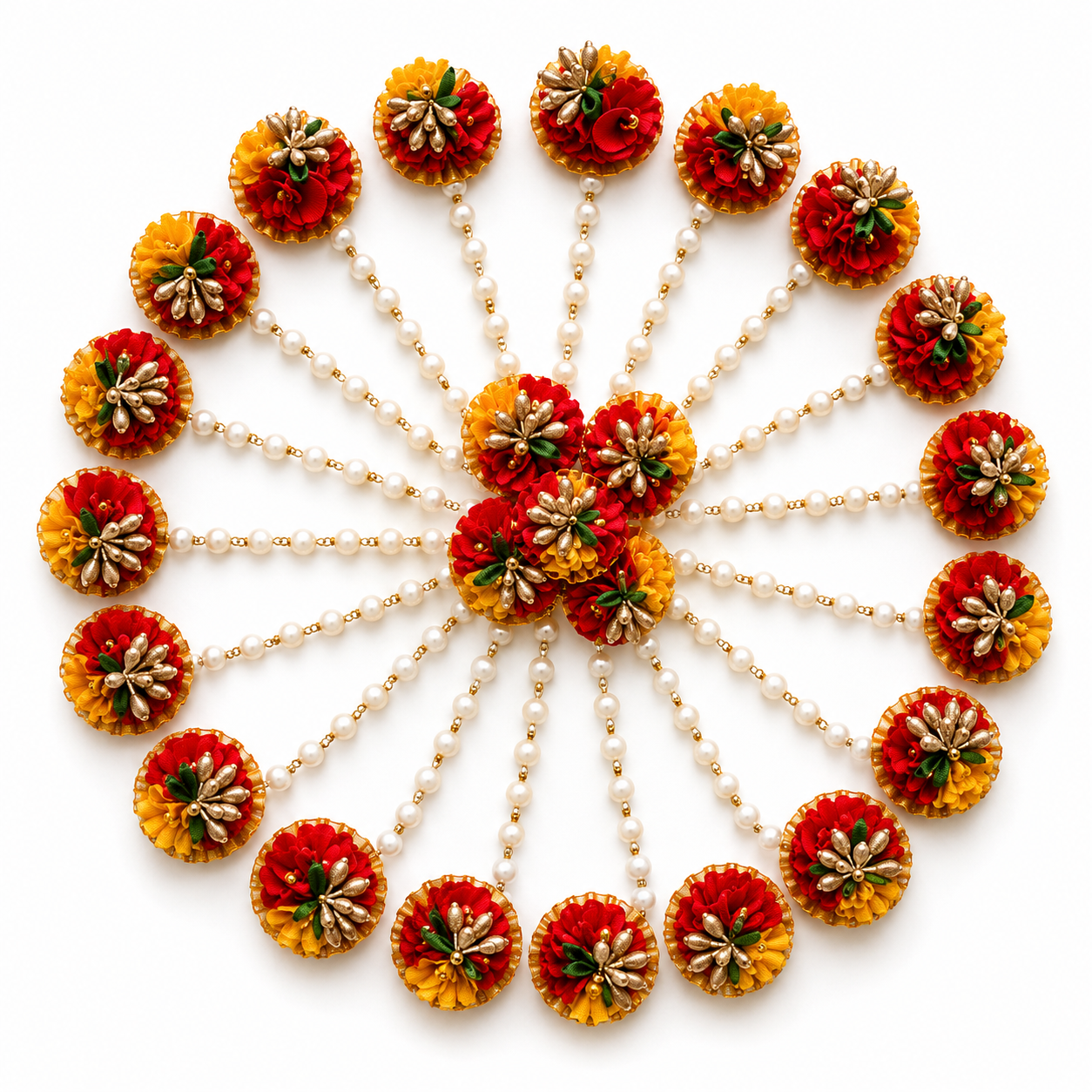 Wedding Haldi Floral Maang Tikka Set (Pack of 24) | Handmade Flower Mangtika for Girls & Women | Yellow & Red Floral Jewellery for Haldi, Mehndi, Baby Shower, Bridal Shower & Wedding Ceremony