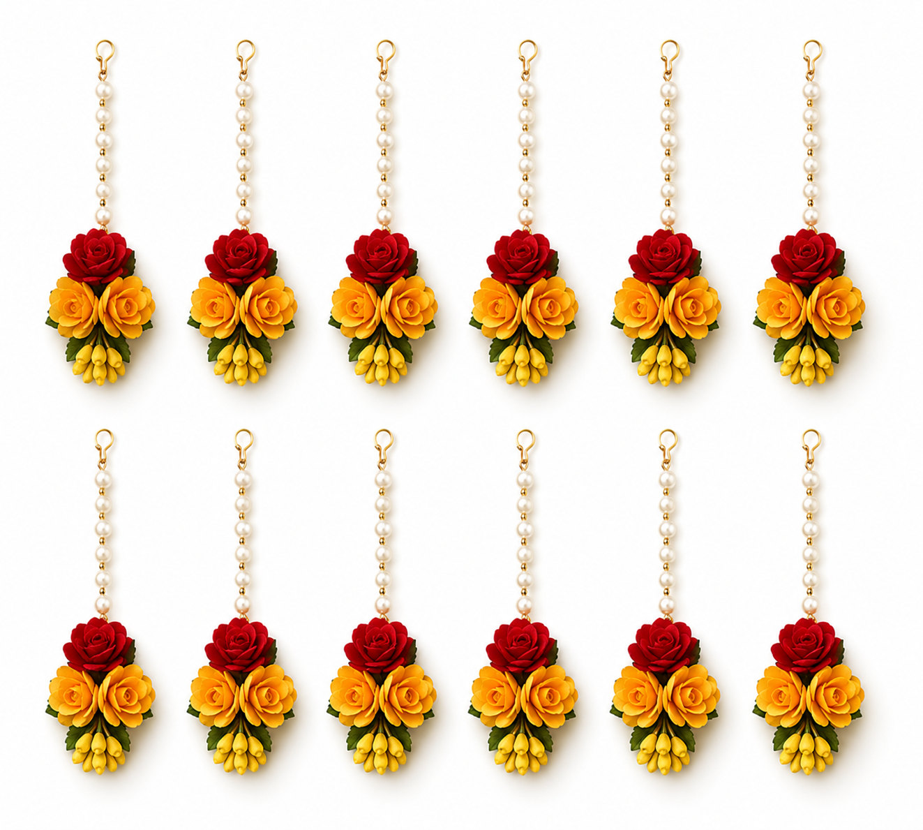12 Pcs Artificial Floral Maang Tikka Set for Women & Girls | Handmade Yellow & Red Flower Matha Patti Jewelry Combo | Haldi Mehndi Bridal Accessories | Wedding, Baby Shower & Festive Wear