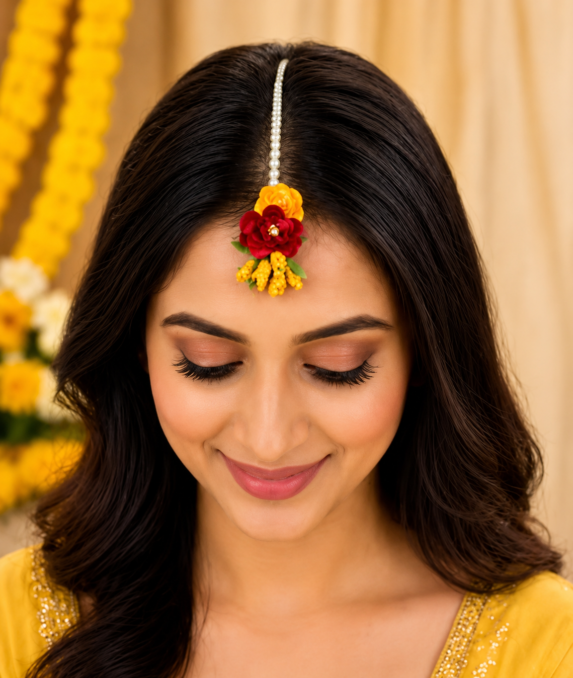 12 Pcs Artificial Floral Maang Tikka Set for Women & Girls | Handmade Yellow & Red Flower Matha Patti Jewelry Combo | Haldi Mehndi Bridal Accessories | Wedding, Baby Shower & Festive Wear