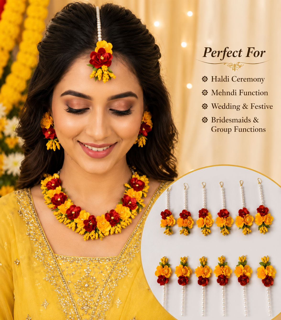 12 Pcs Artificial Floral Maang Tikka Set for Women & Girls | Handmade Yellow & Red Flower Matha Patti Jewelry Combo | Haldi Mehndi Bridal Accessories | Wedding, Baby Shower & Festive Wear