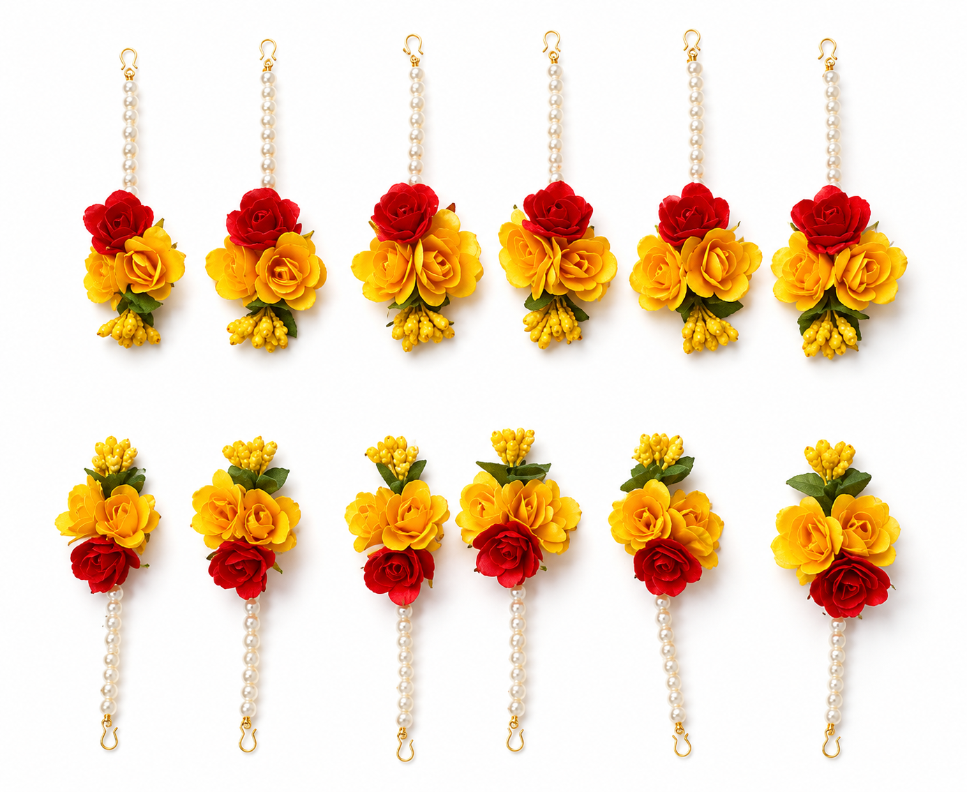 12 Pcs Artificial Floral Maang Tikka Set for Women & Girls | Handmade Yellow & Red Flower Matha Patti Jewelry Combo | Haldi Mehndi Bridal Accessories | Wedding, Baby Shower & Festive Wear