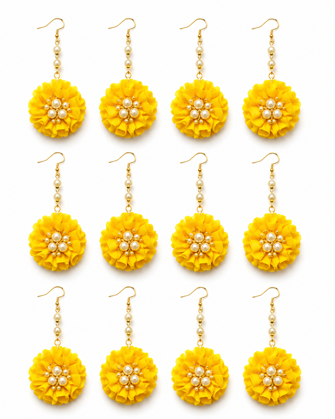 Pack of 12 Handmade Yellow Floral Earrings for Women & Girls | Artificial Flower Drop Earrings with Pearl Detailing | Haldi Mehndi Jewellery | Bridal, Wedding & Festive Accessories
