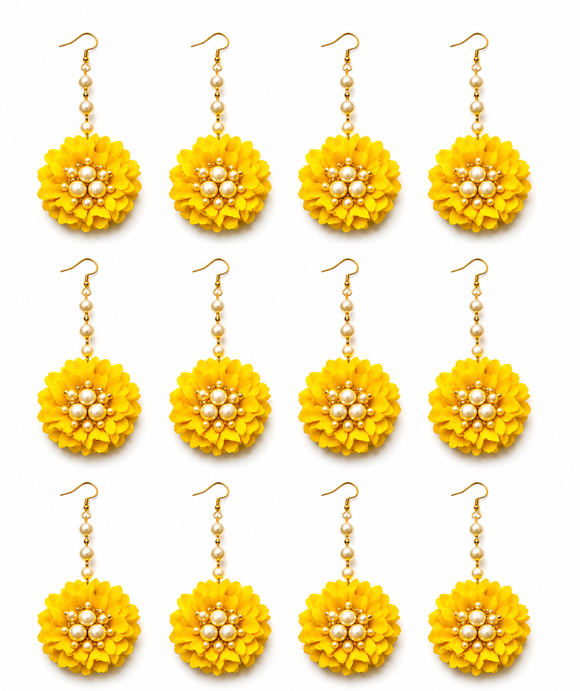 Pack of 12 Handmade Yellow Floral Earrings for Women & Girls | Artificial Flower Drop Earrings with Pearl Detailing | Haldi Mehndi Jewellery | Bridal, Wedding & Festive Accessories