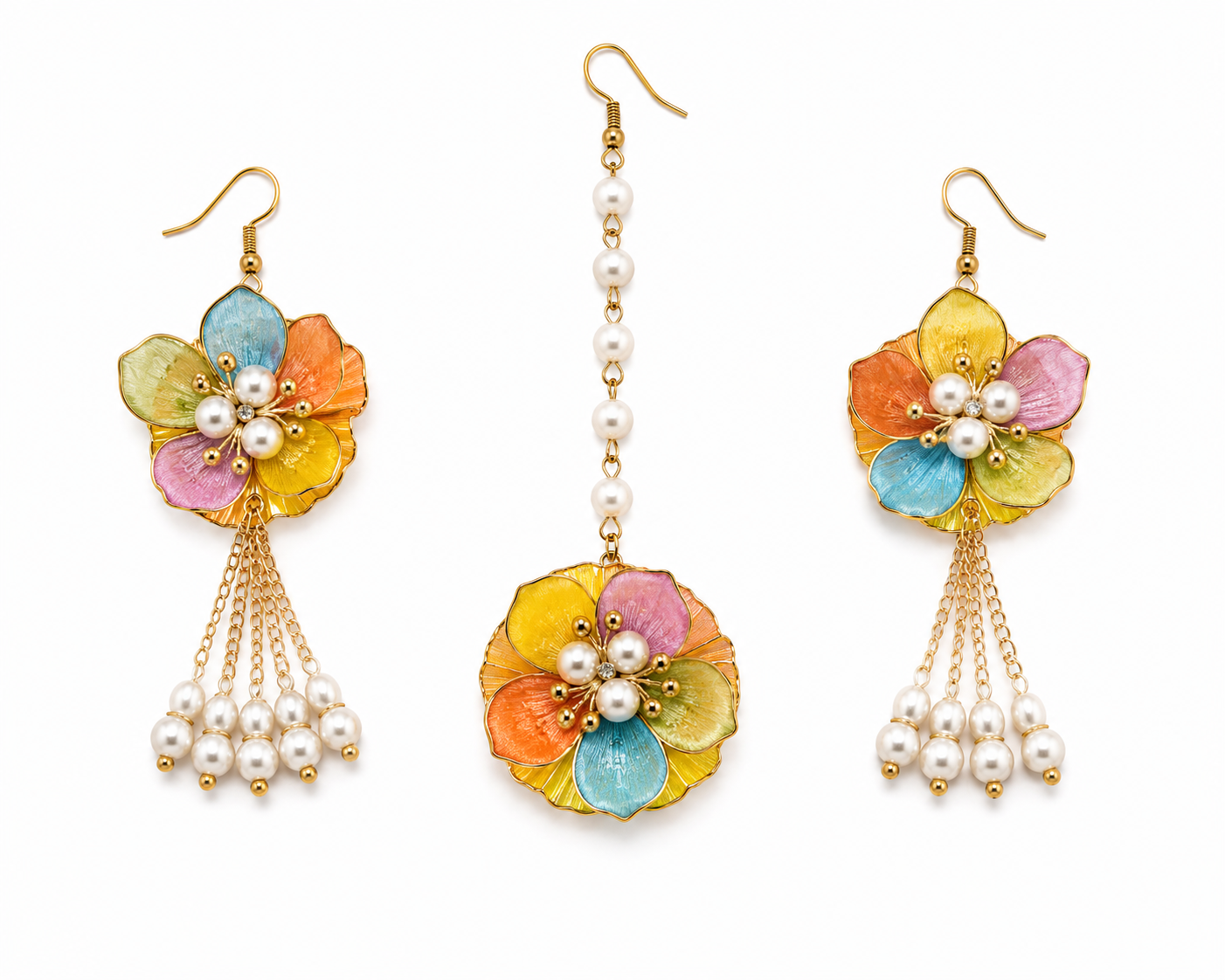 Multicolor Floral Jewellery Set for Women | Pastel Flower Earrings & Maang Tikka Set with Pearl Tassels | Haldi Mehndi Bridal Accessories | Wedding, Festive & Party Wear