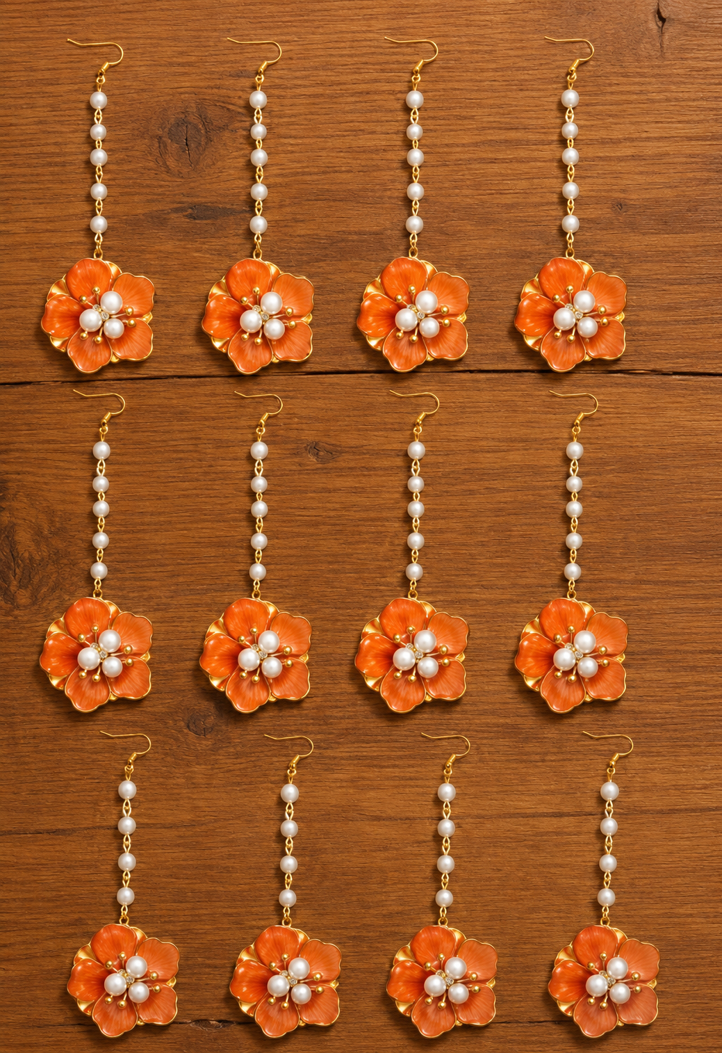 Pack of 12 Orange Floral Maang Tikka for Women & Girls | Pearl Chain Flower Matha Patti Set | Artificial Floral Jewellery for Haldi, Mehndi, Bridal, Wedding & Festive Wear