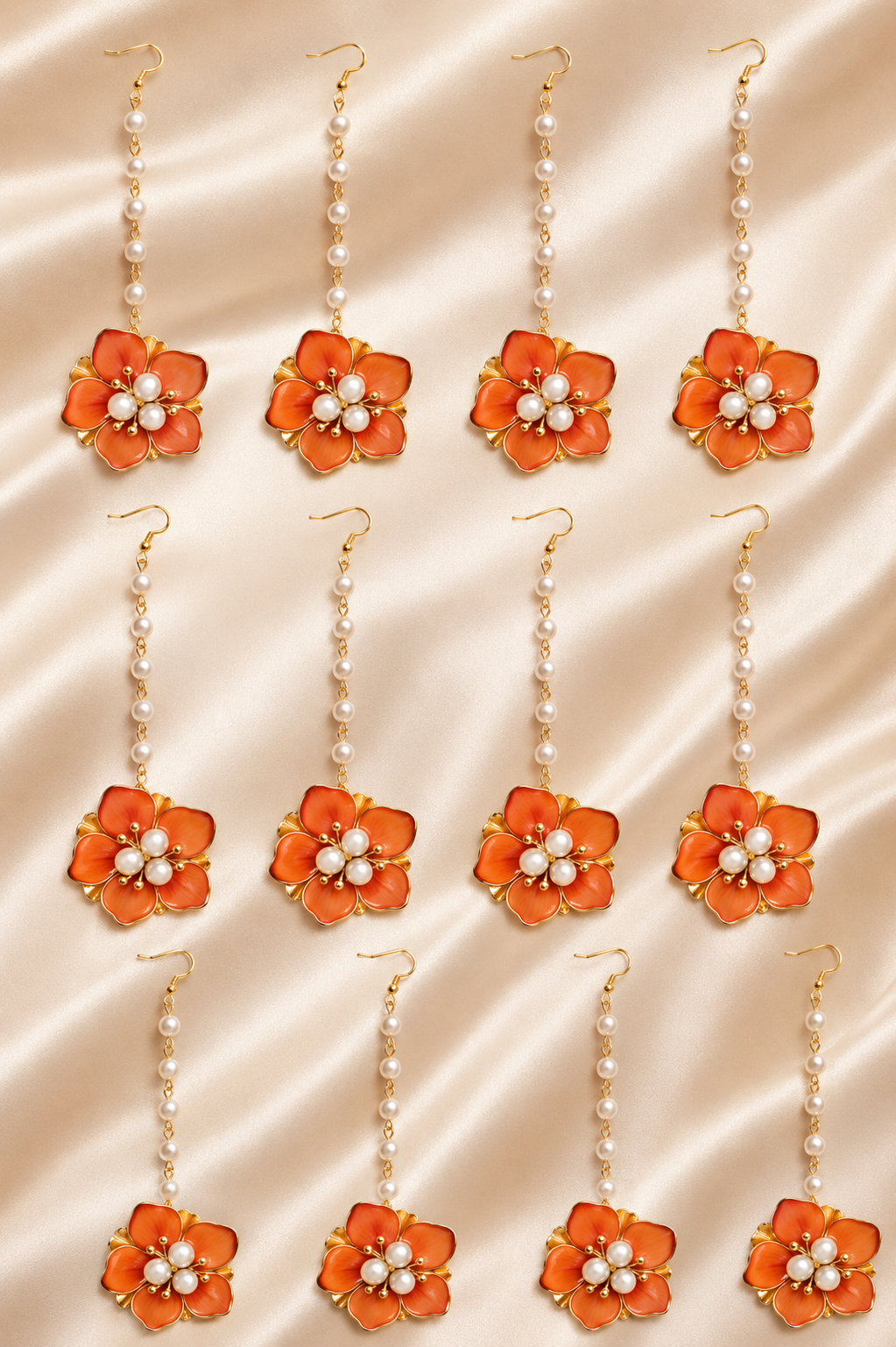 Pack of 12 Orange Floral Maang Tikka for Women & Girls | Pearl Chain Flower Matha Patti Set | Artificial Floral Jewellery for Haldi, Mehndi, Bridal, Wedding & Festive Wear