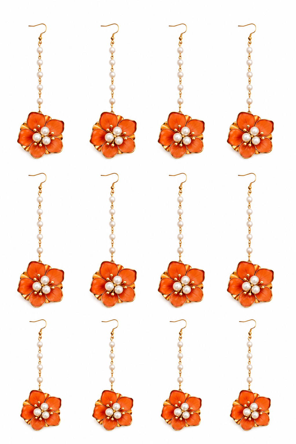 Pack of 12 Orange Floral Maang Tikka for Women & Girls | Pearl Chain Flower Matha Patti Set | Artificial Floral Jewellery for Haldi, Mehndi, Bridal, Wedding & Festive Wear