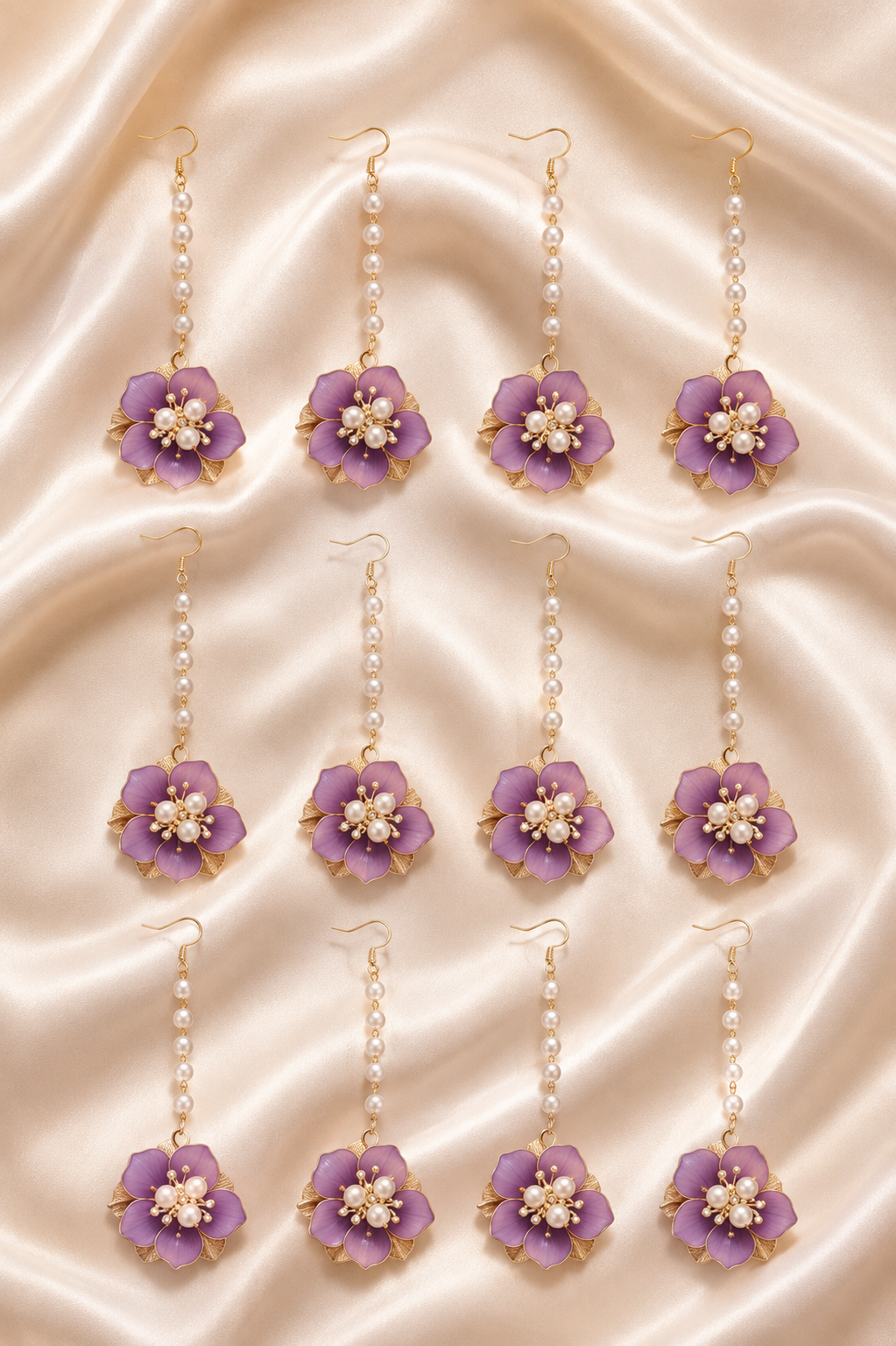 Pack of 12 Purple Floral Maang Tikka for Women & Girls | Pearl Chain Flower Matha Patti Set | Artificial Floral Jewellery for Haldi, Mehndi, Bridal, Wedding & Festive Wear