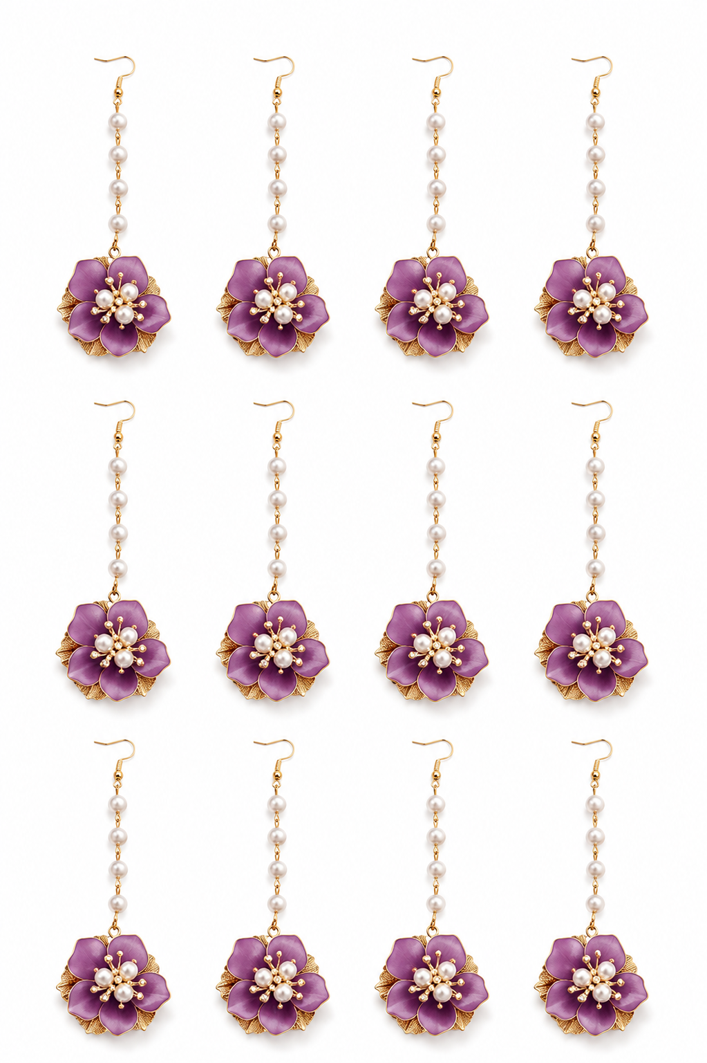 Pack of 12 Purple Floral Maang Tikka for Women & Girls | Pearl Chain Flower Matha Patti Set | Artificial Floral Jewellery for Haldi, Mehndi, Bridal, Wedding & Festive Wear