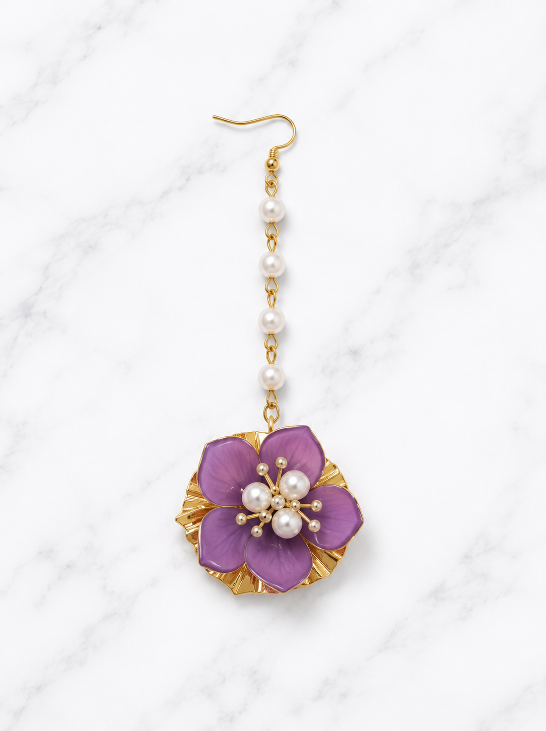 Pack of 12 Purple Floral Maang Tikka for Women & Girls | Pearl Chain Flower Matha Patti Set | Artificial Floral Jewellery for Haldi, Mehndi, Bridal, Wedding & Festive Wear