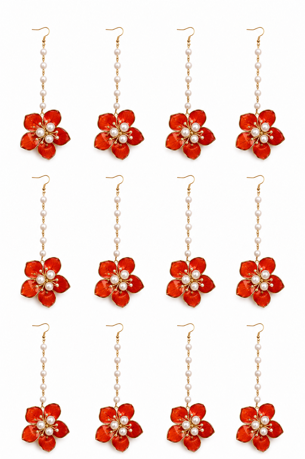 Pack of 12 Red Floral Maang Tikka for Women & Girls | Pearl Chain Flower Matha Patti Set | Artificial Floral Jewellery for Haldi, Mehndi, Bridal, Wedding & Festive Wear