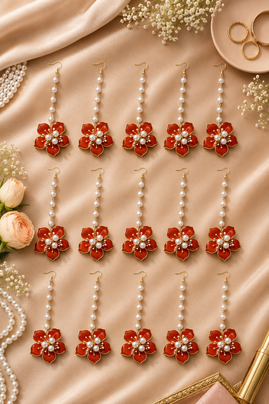 Pack of 12 Red Floral Maang Tikka for Women & Girls | Pearl Chain Flower Matha Patti Set | Artificial Floral Jewellery for Haldi, Mehndi, Bridal, Wedding & Festive Wear