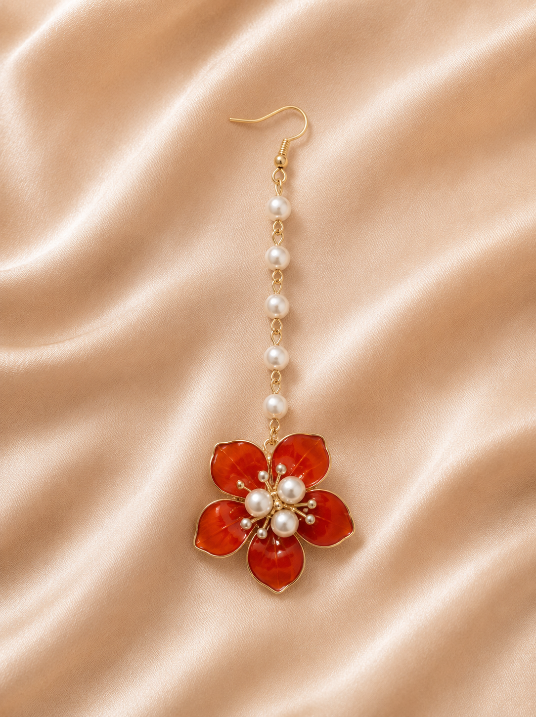 Pack of 12 Red Floral Maang Tikka for Women & Girls | Pearl Chain Flower Matha Patti Set | Artificial Floral Jewellery for Haldi, Mehndi, Bridal, Wedding & Festive Wear