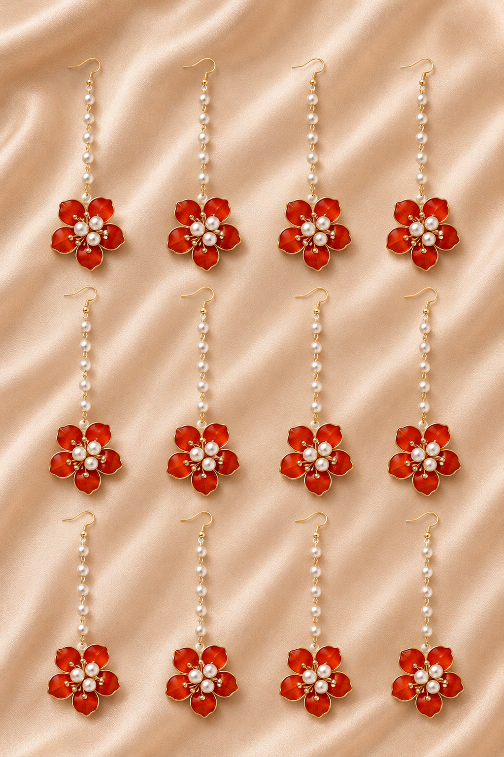 Pack of 12 Red Floral Maang Tikka for Women & Girls | Pearl Chain Flower Matha Patti Set | Artificial Floral Jewellery for Haldi, Mehndi, Bridal, Wedding & Festive Wear