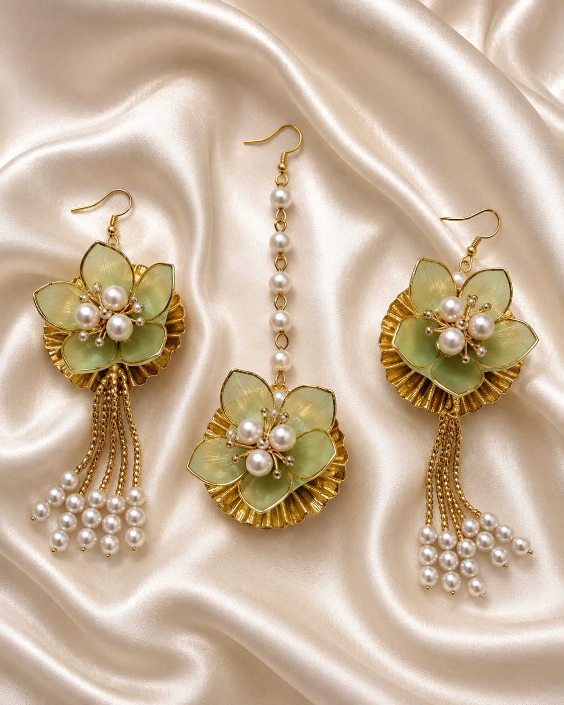 Pastel Green Floral Jewellery Set for Women | Pearl Tassel Flower Earrings & Maang Tikka Set | Elegant Bridal Accessories for Haldi, Mehndi, Wedding, Festive & Party Wear