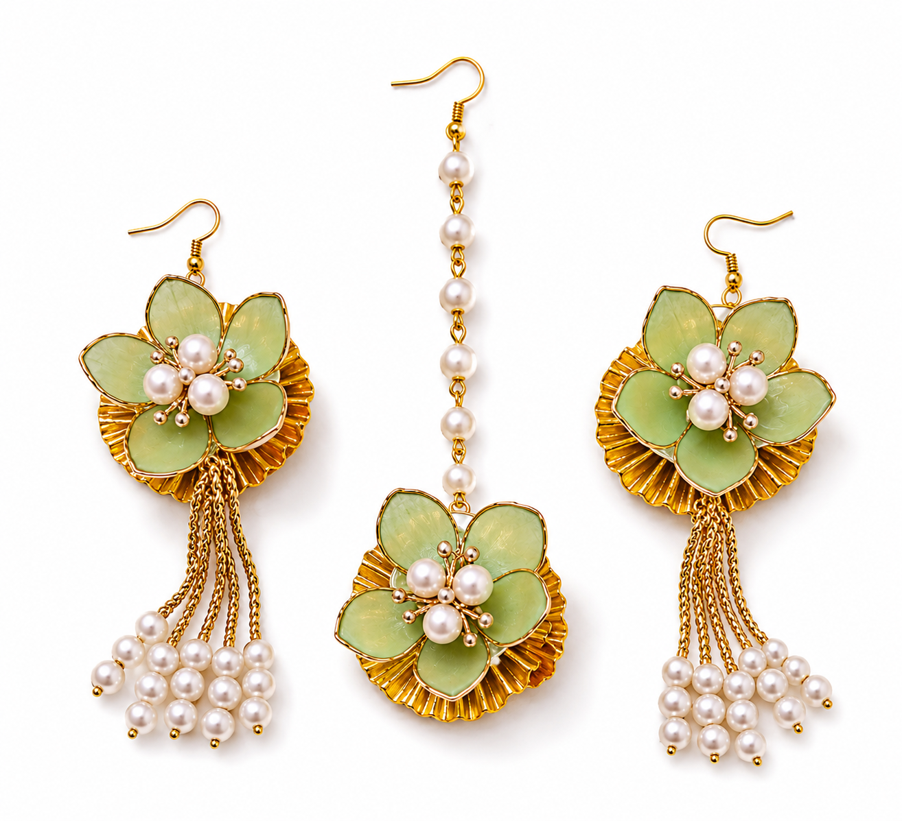 Pastel Green Floral Jewellery Set for Women | Pearl Tassel Flower Earrings & Maang Tikka Set | Elegant Bridal Accessories for Haldi, Mehndi, Wedding, Festive & Party Wear