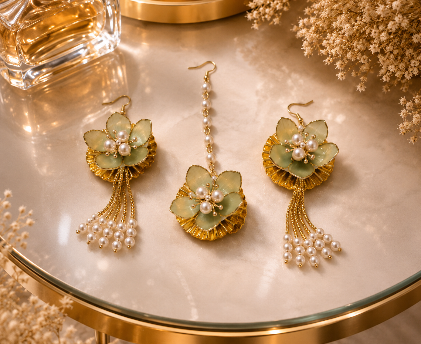 Pastel Green Floral Jewellery Set for Women | Pearl Tassel Flower Earrings & Maang Tikka Set | Elegant Bridal Accessories for Haldi, Mehndi, Wedding, Festive & Party Wear