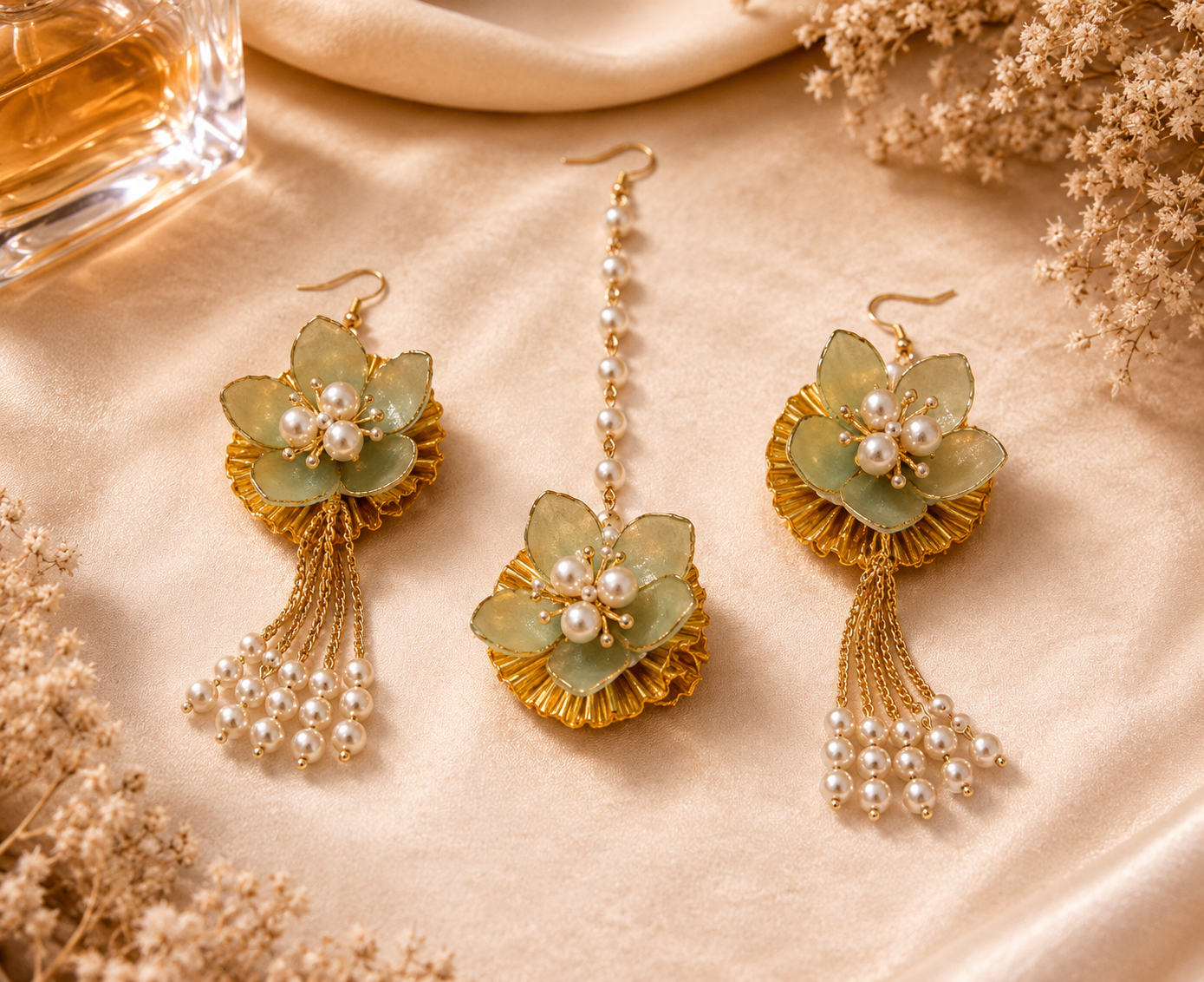 Pastel Green Floral Jewellery Set for Women | Pearl Tassel Flower Earrings & Maang Tikka Set | Elegant Bridal Accessories for Haldi, Mehndi, Wedding, Festive & Party Wear