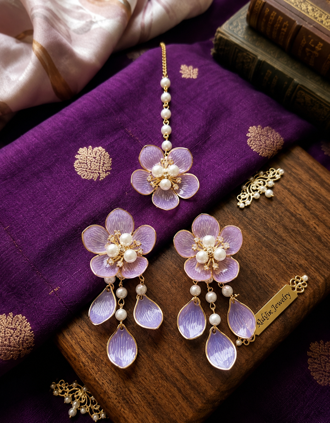 Pastel Purple Floral Jewellery Set for Women | Elegant Flower Earrings & Maang Tikka Set with Pearl Detailing | Bridal Accessories for Haldi, Mehndi, Wedding, Festive & Party Wear