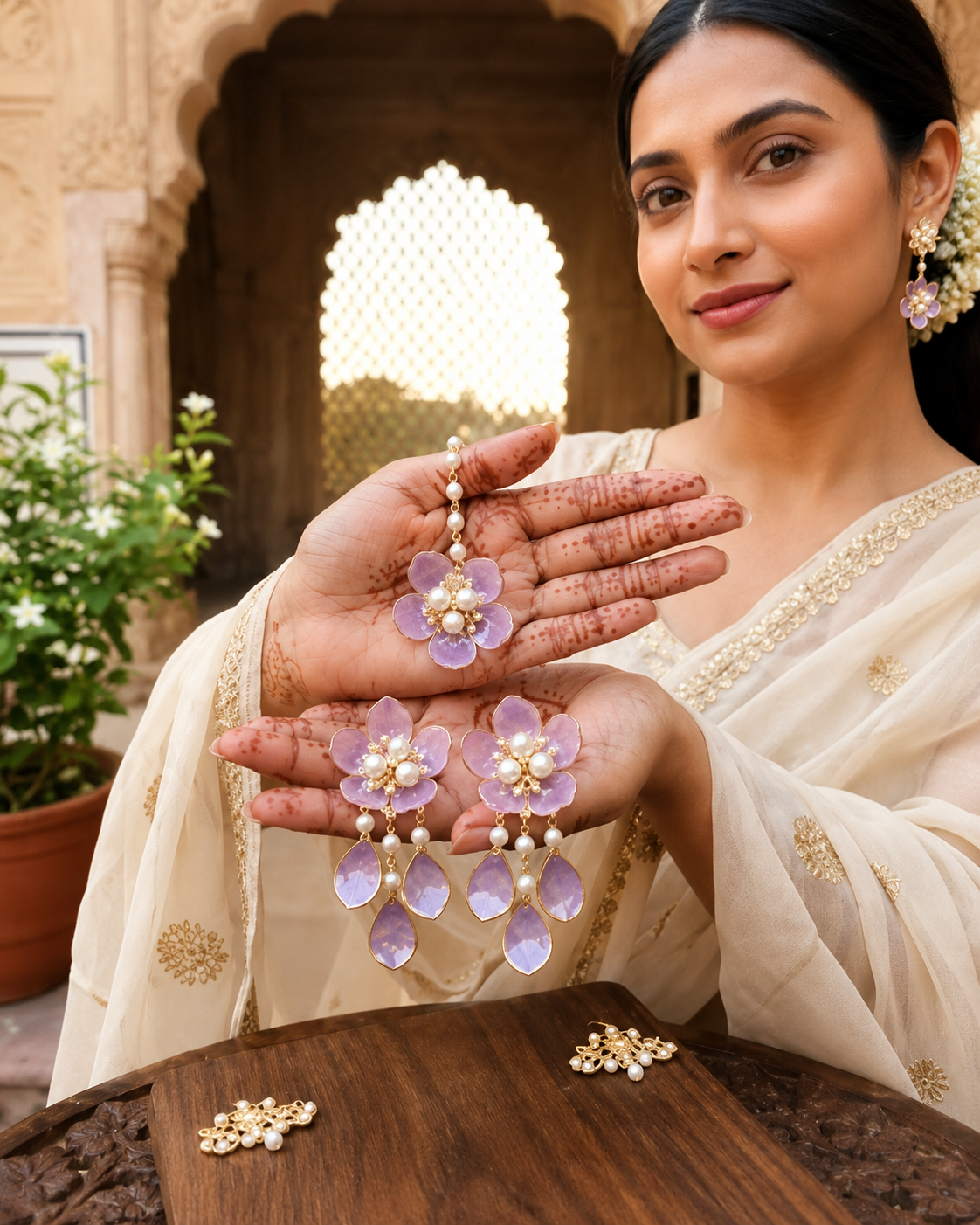 Pastel Purple Floral Jewellery Set for Women | Elegant Flower Earrings & Maang Tikka Set with Pearl Detailing | Bridal Accessories for Haldi, Mehndi, Wedding, Festive & Party Wear