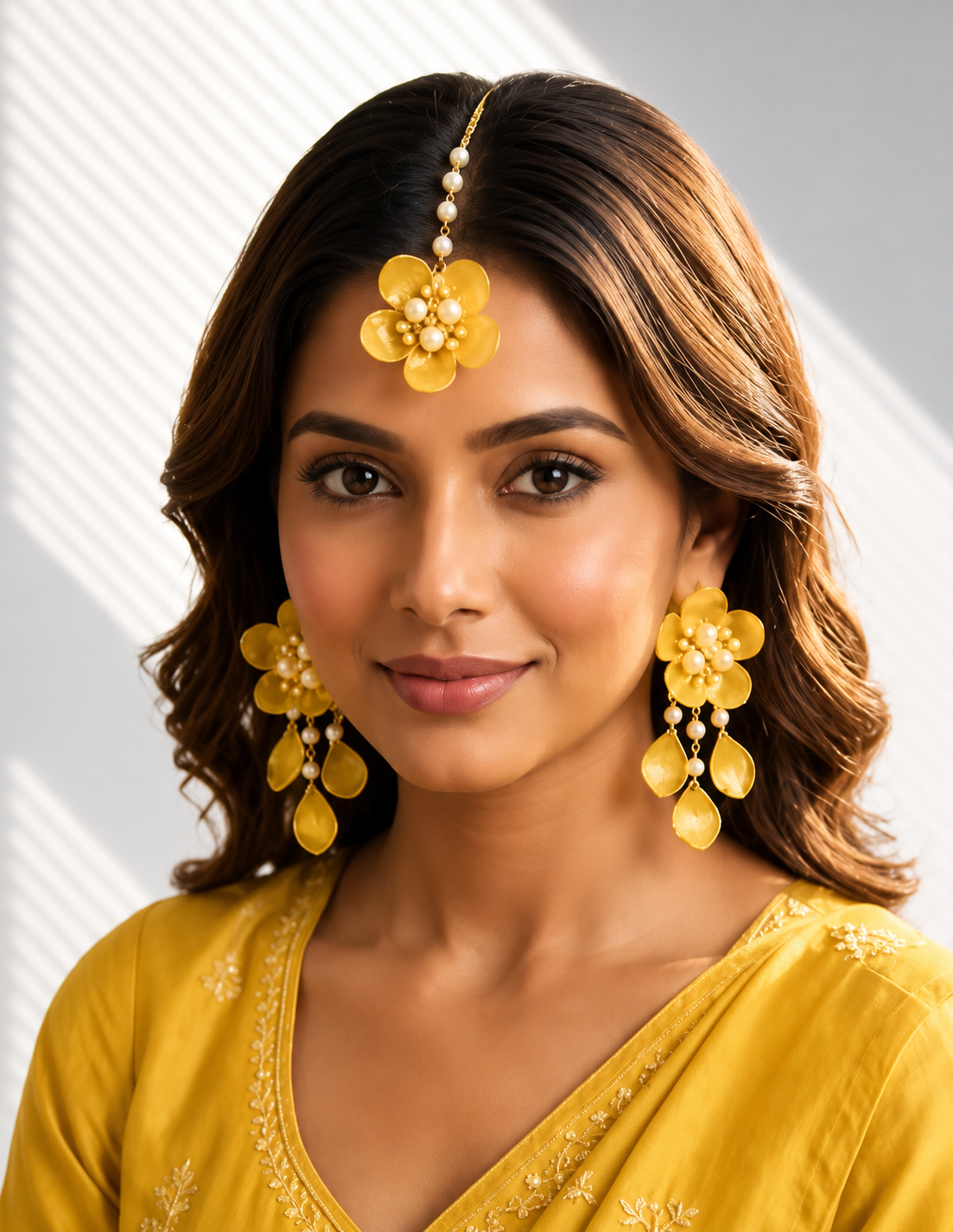 Yellow Floral Jewellery Set for Women | Elegant Flower Earrings & Maang Tikka Set with Pearl Detailing | Bridal Haldi Mehndi Accessories | Wedding, Festive & Party Wear