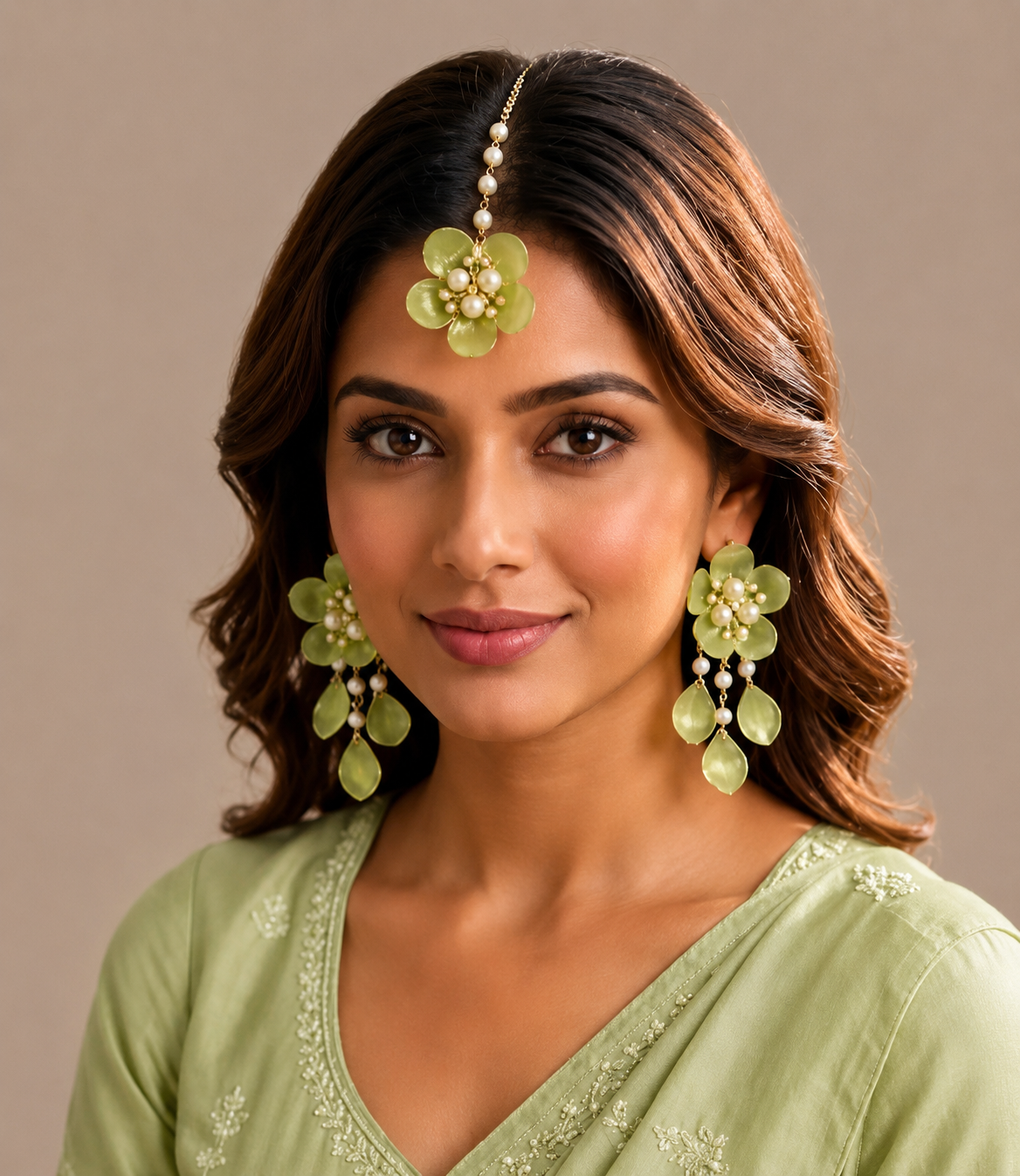 Pastel Green Floral Jewellery Set for Women | Elegant Flower Earrings & Maang Tikka Set with Pearl Detailing | Bridal Haldi Mehndi Accessories | Wedding, Festive & Party Wear