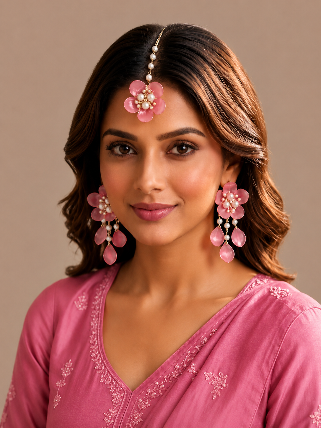 Pink Floral Jewellery Set for Women | Elegant Flower Earrings & Maang Tikka Set with Pearl Detailing | Bridal Haldi Mehndi Accessories | Wedding, Festive & Party Wear