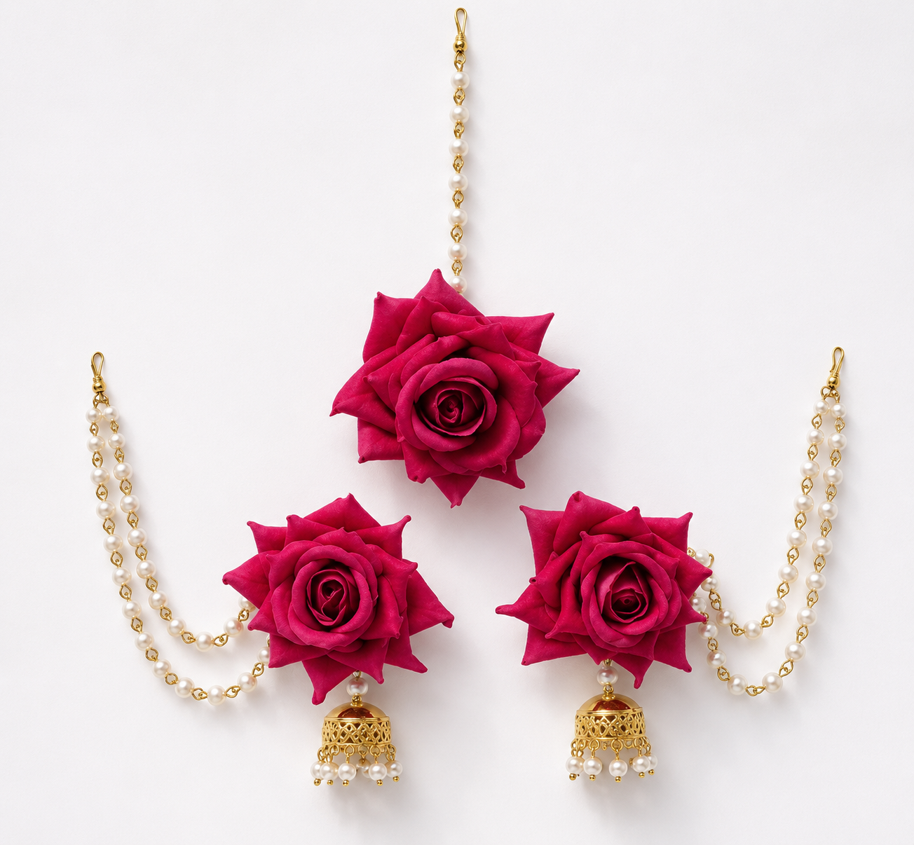 Hot Pink Rose Floral Jewellery Set for Women | Bridal Flower Earrings & Maang Tikka Set with Pearl Chains | Haldi Mehndi Jewellery | Wedding, Sangeet & Festive Accessories