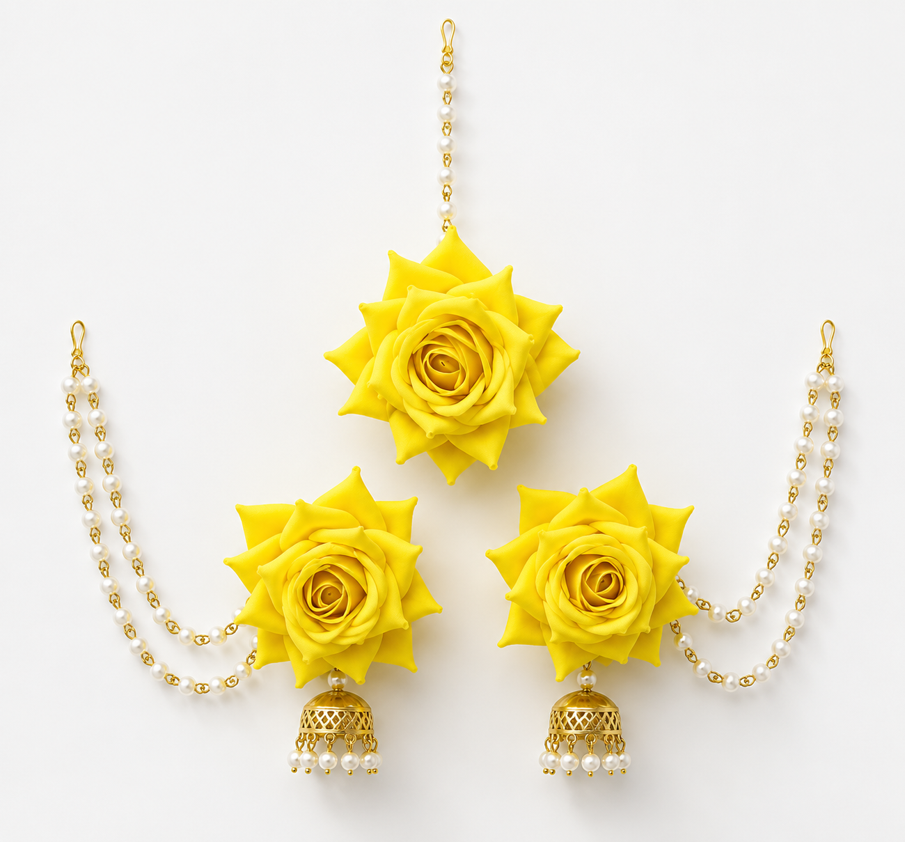 Yellow Rose Floral Jewellery Set for Women | Bridal Flower Earrings & Maang Tikka Set with Pearl Chain & Jhumka Tassels | Haldi Mehndi Jewellery | Wedding, Festive & Party Wear