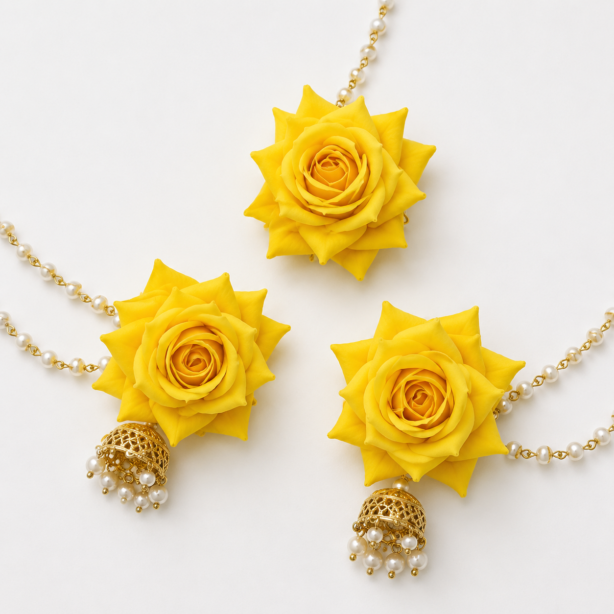Yellow Rose Floral Jewellery Set for Women | Bridal Flower Earrings & Maang Tikka Set with Pearl Chain & Jhumka Tassels | Haldi Mehndi Jewellery | Wedding, Festive & Party Wear
