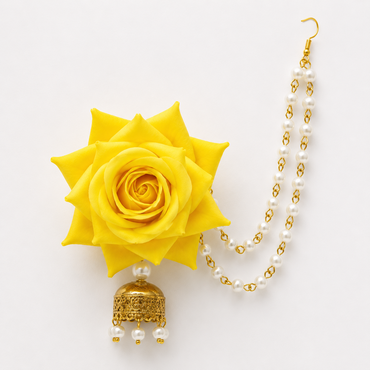 Yellow Rose Floral Jewellery Set for Women | Bridal Flower Earrings & Maang Tikka Set with Pearl Chain & Jhumka Tassels | Haldi Mehndi Jewellery | Wedding, Festive & Party Wear
